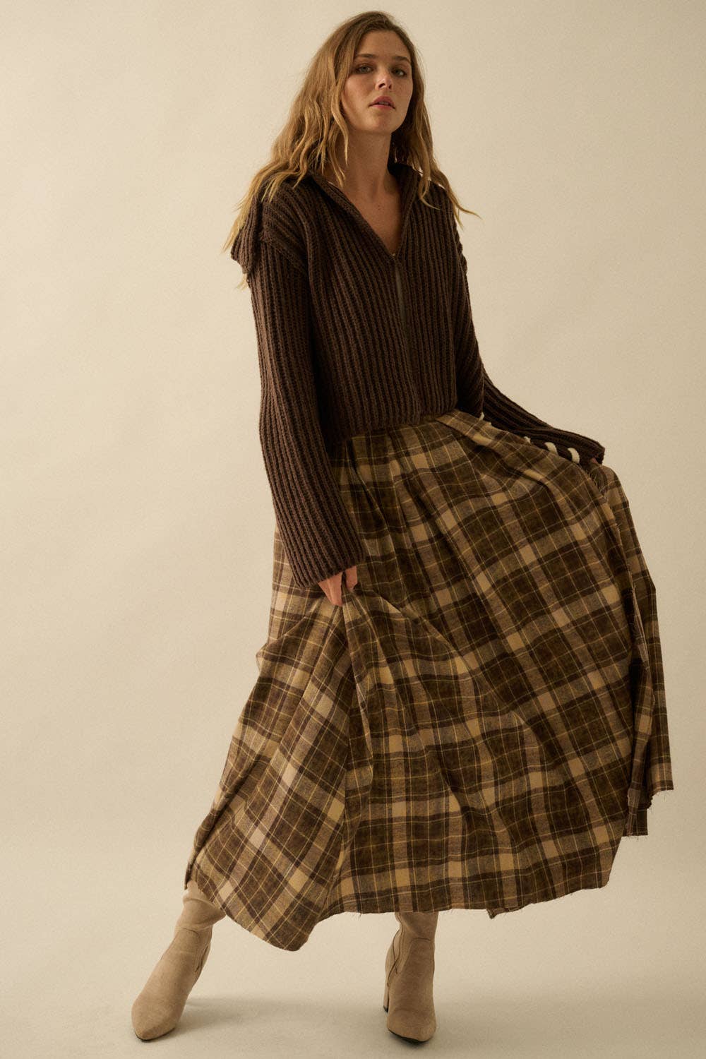 Plaid Flannel Pleated Wrapped Raw-Edge Maxi Skirt