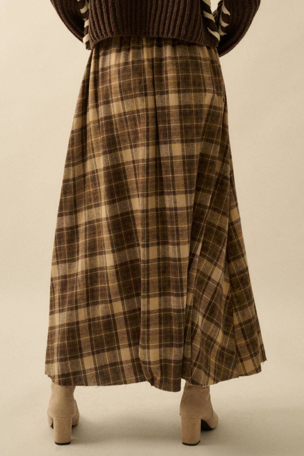 Plaid Flannel Pleated Wrapped Raw-Edge Maxi Skirt