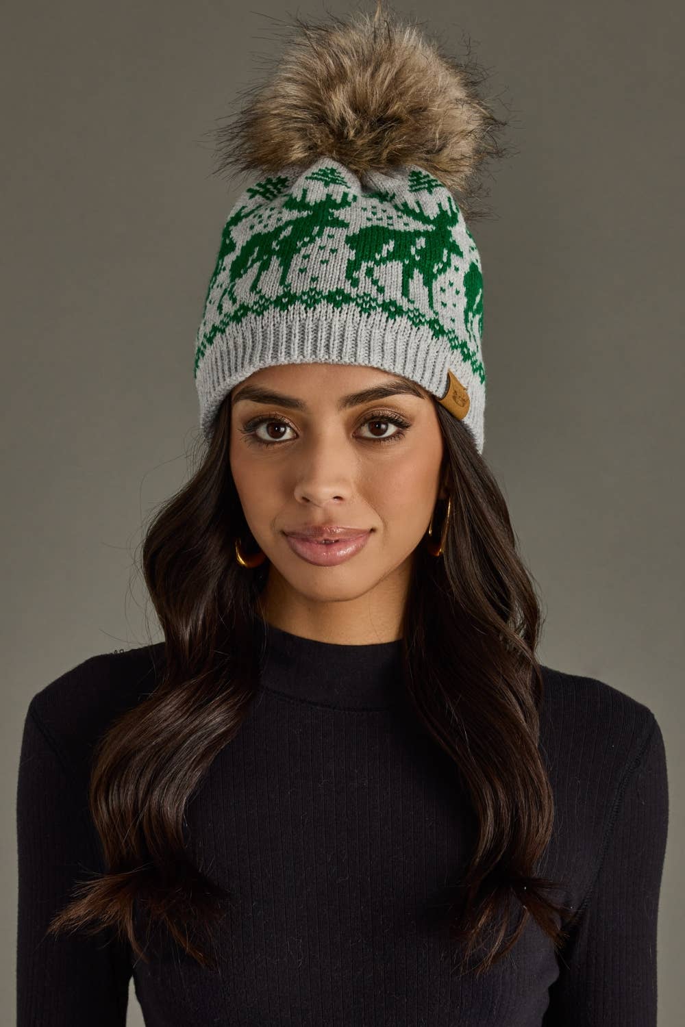 Lt. Gray & Green Reindeer Pom Hat