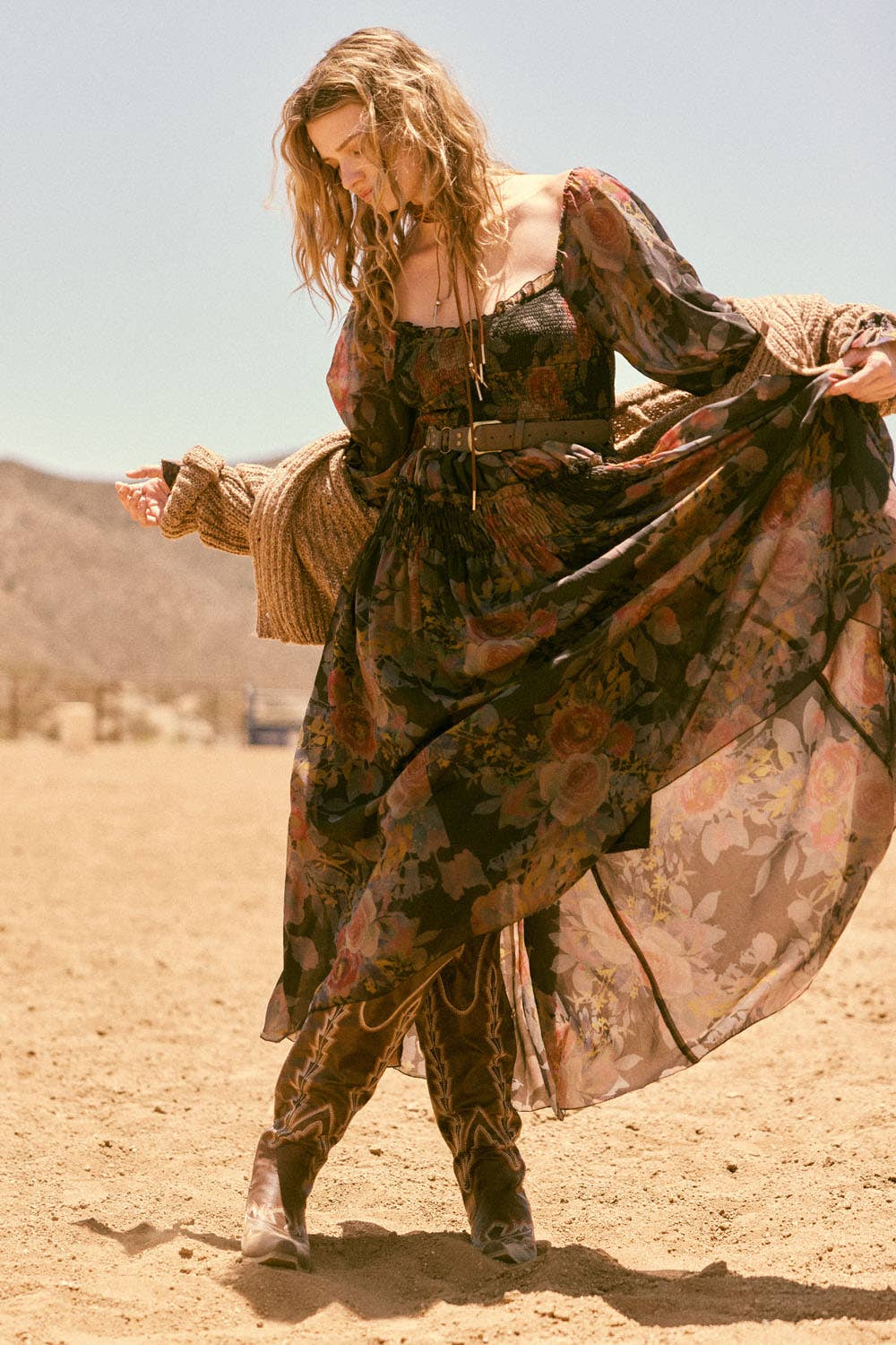 Floral-Print Smocked Bubble Sleeve Maxi Dress