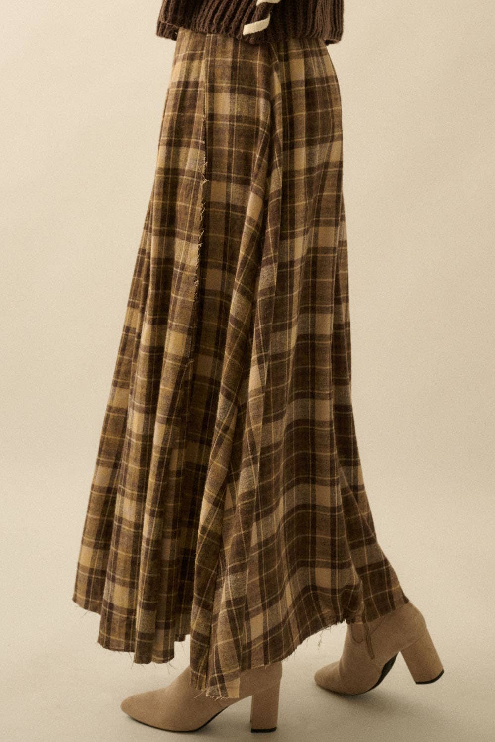 Plaid Flannel Pleated Wrapped Raw-Edge Maxi Skirt
