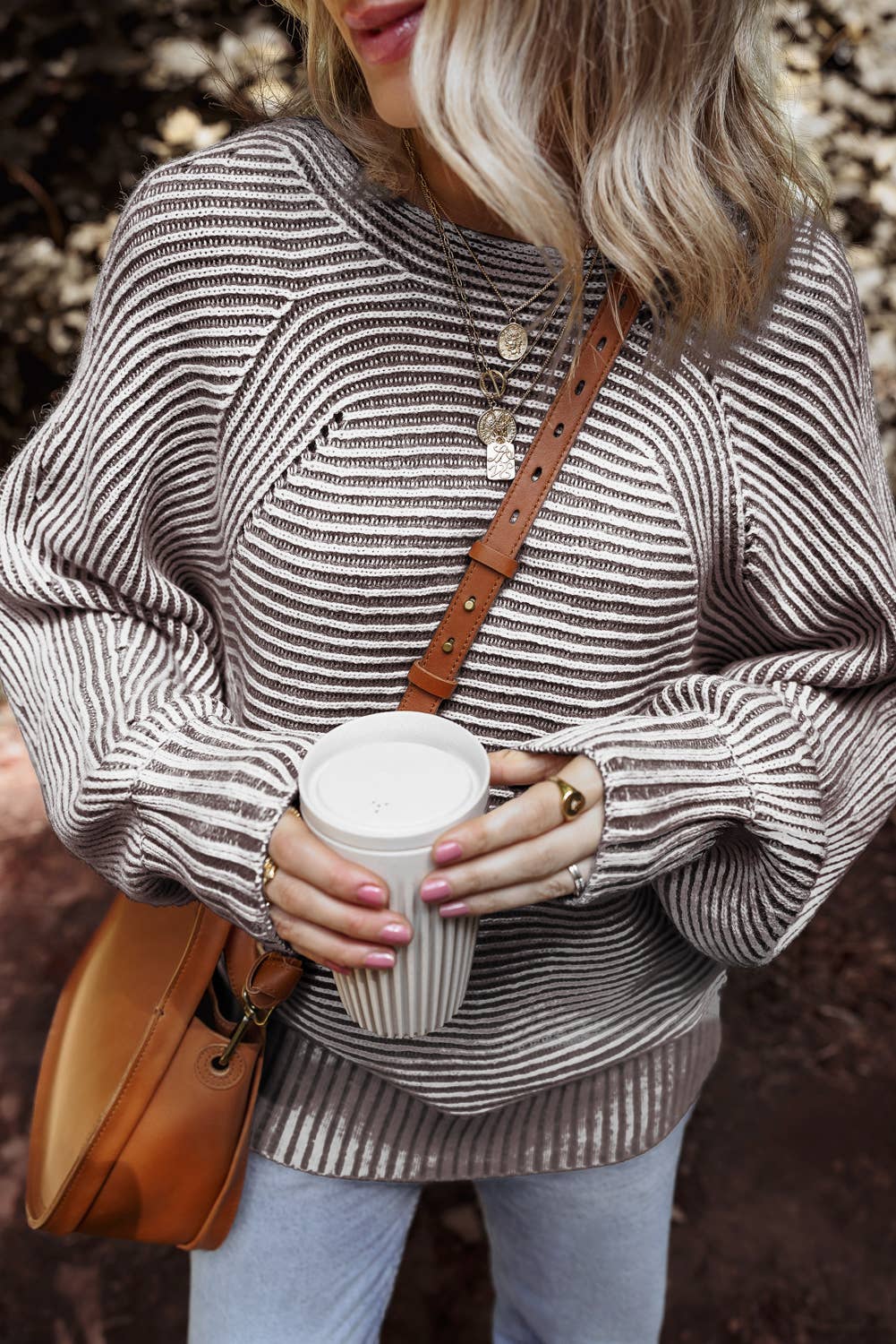 Striped Print Ribbed Knit Boat Neck Baggy Sweater