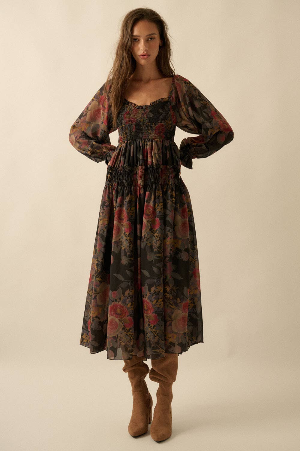 Floral-Print Smocked Bubble Sleeve Maxi Dress