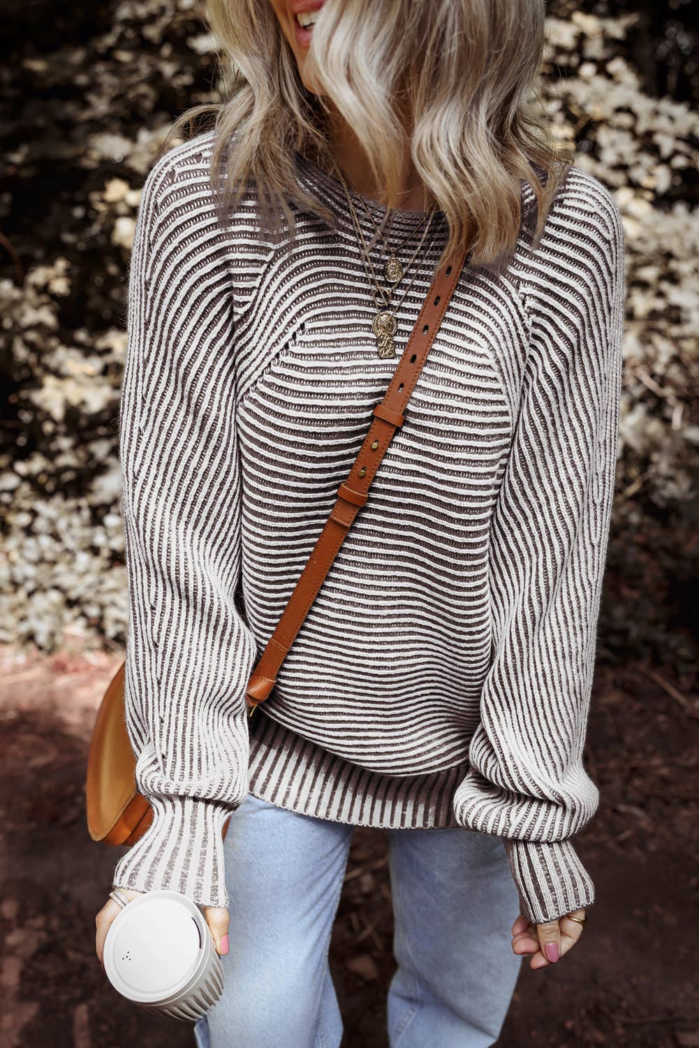 Striped Print Ribbed Knit Boat Neck Baggy Sweater