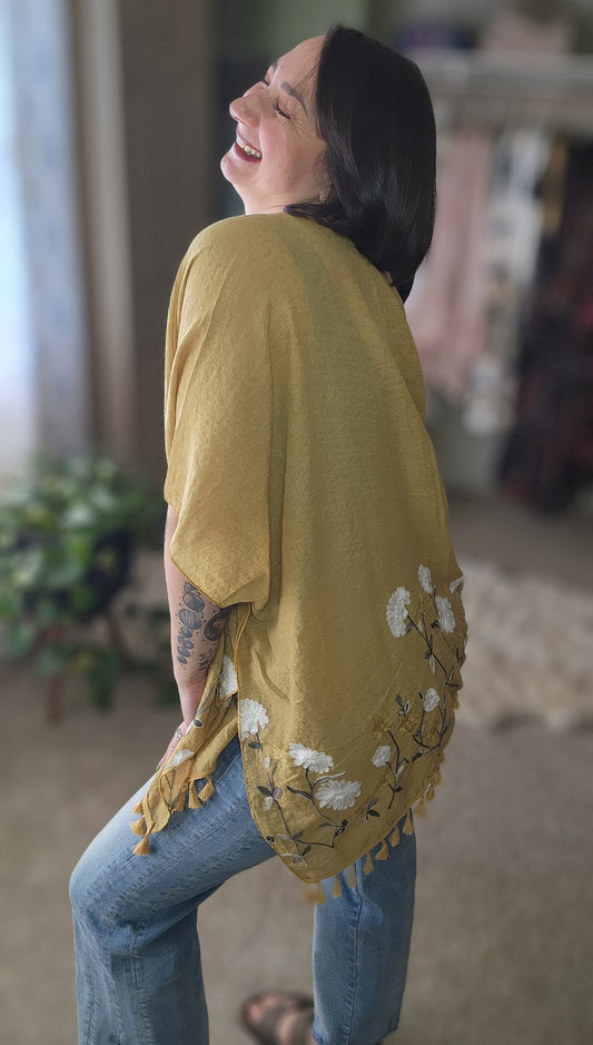Secret Meadow Embroidered Kimono - Mustard