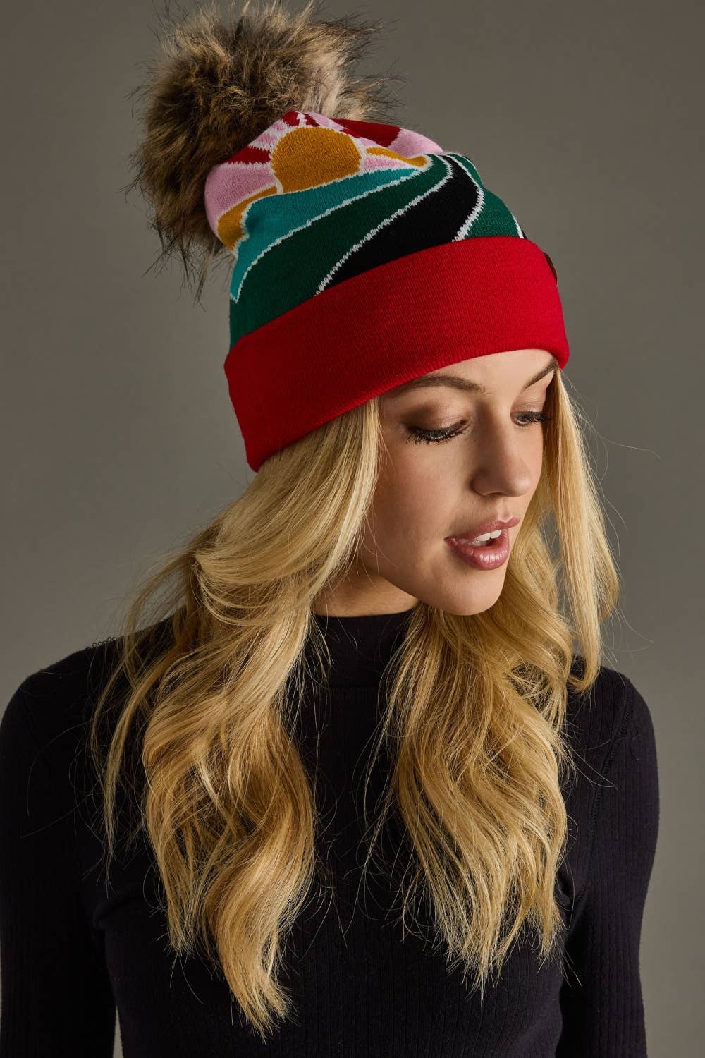 Red Sunrise Landscape Pom Hat