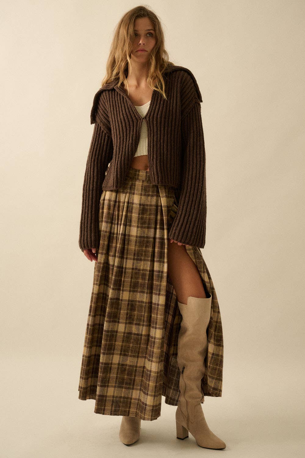 Plaid Flannel Pleated Wrapped Raw-Edge Maxi Skirt