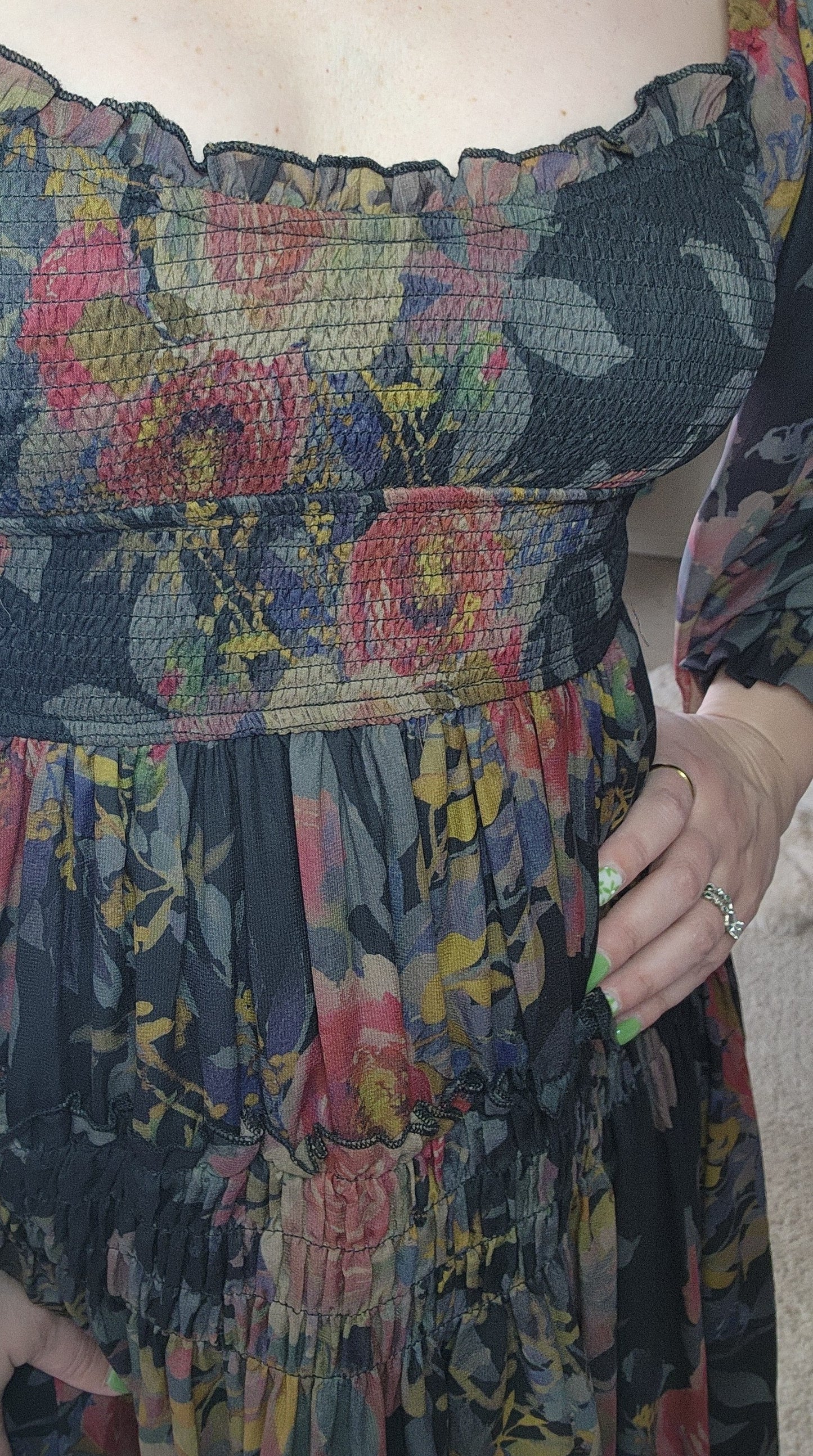 Floral-Print Smocked Bubble Sleeve Maxi Dress