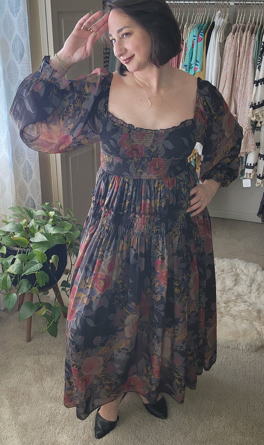 Floral-Print Smocked Bubble Sleeve Maxi Dress