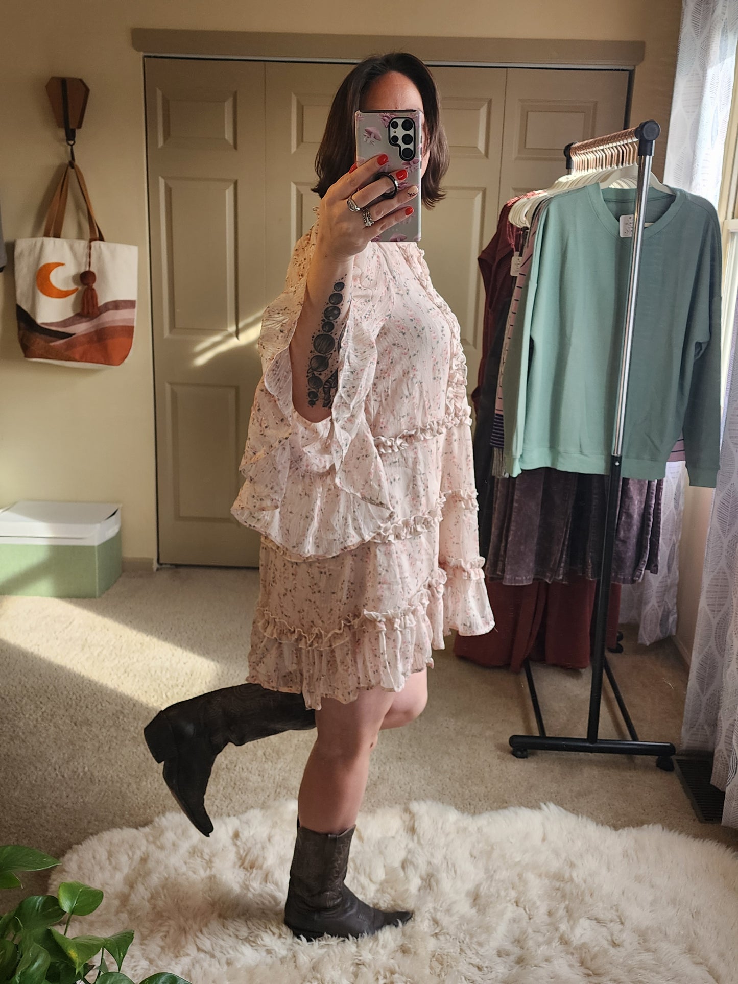 Woven Floral Ruffle Detail Mini Dress