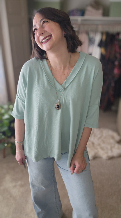 On The Go V Neck Essential Tee - Sage