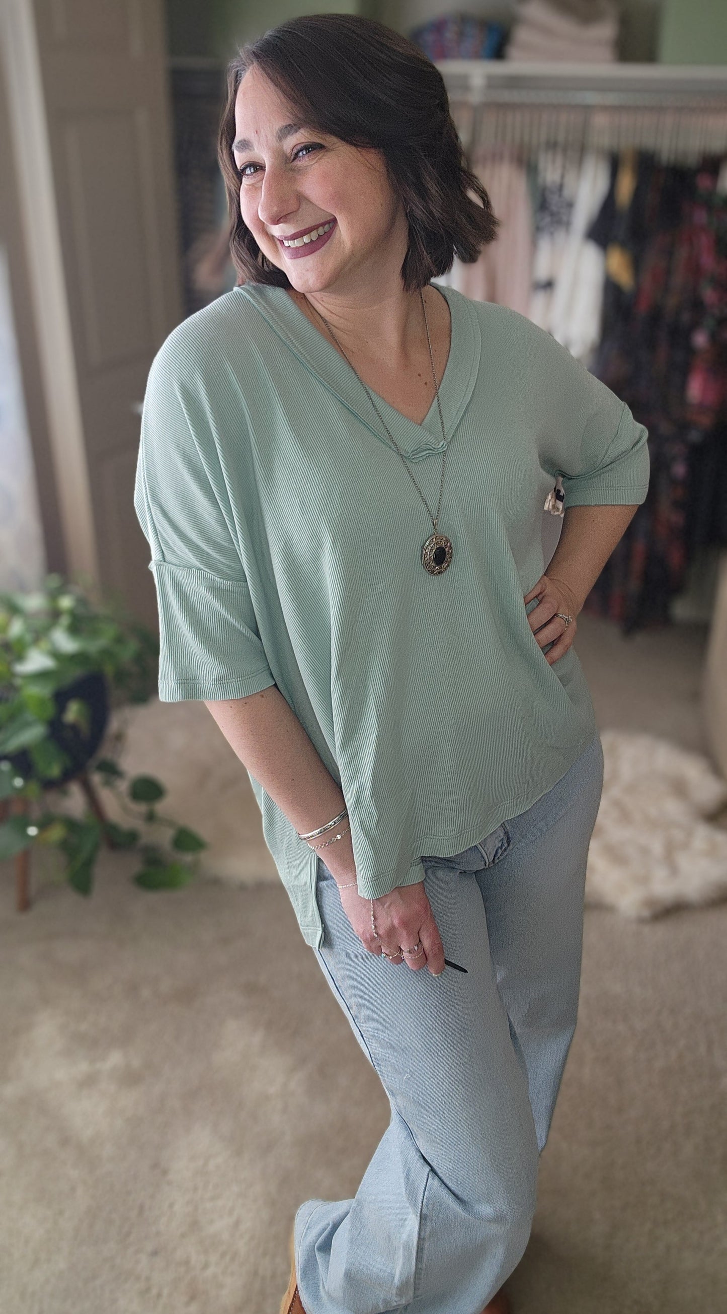 On The Go V Neck Essential Tee - Sage