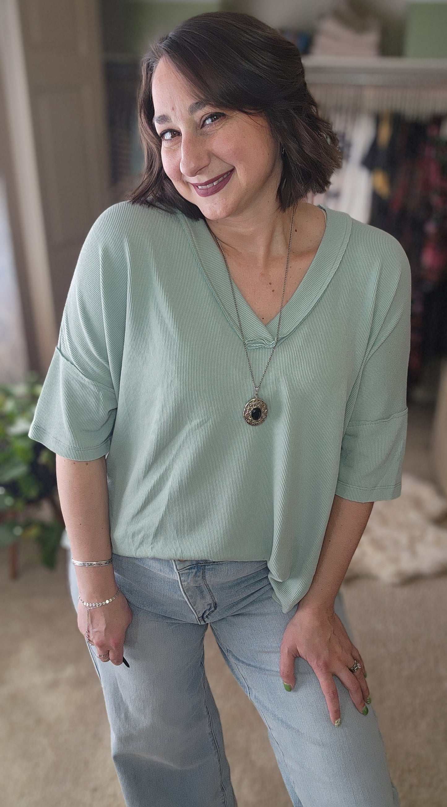 On The Go V Neck Essential Tee - Sage