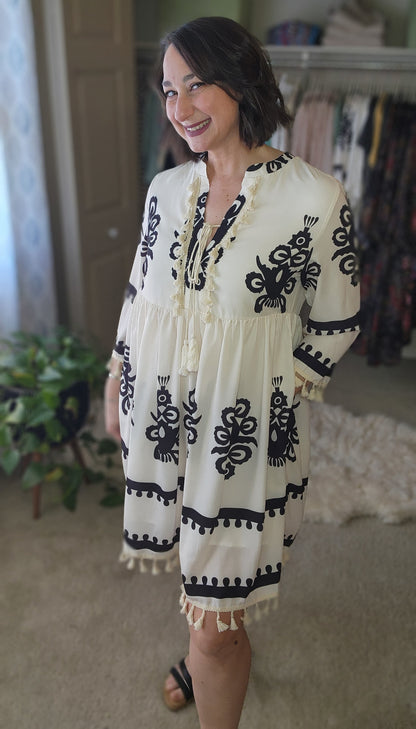 Western Pattern Tasseled Mini Dress