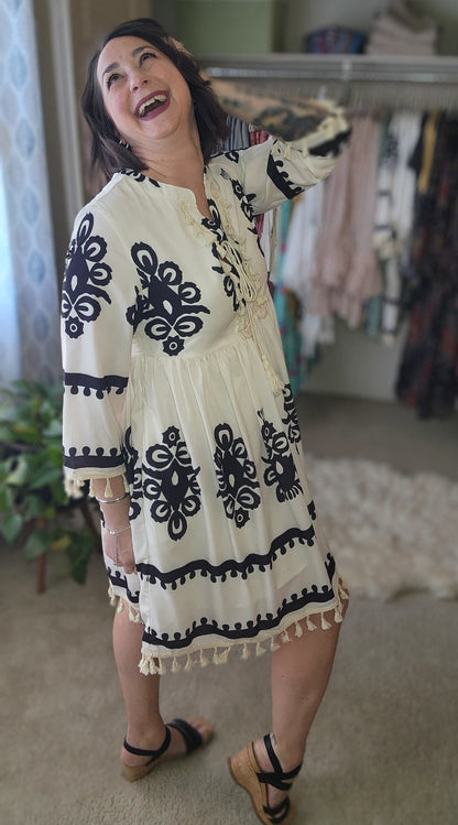 Western Pattern Tasseled Mini Dress