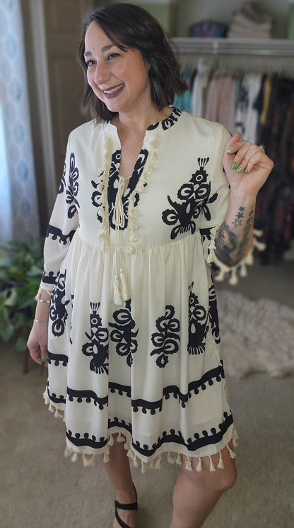 Western Pattern Tasseled Mini Dress