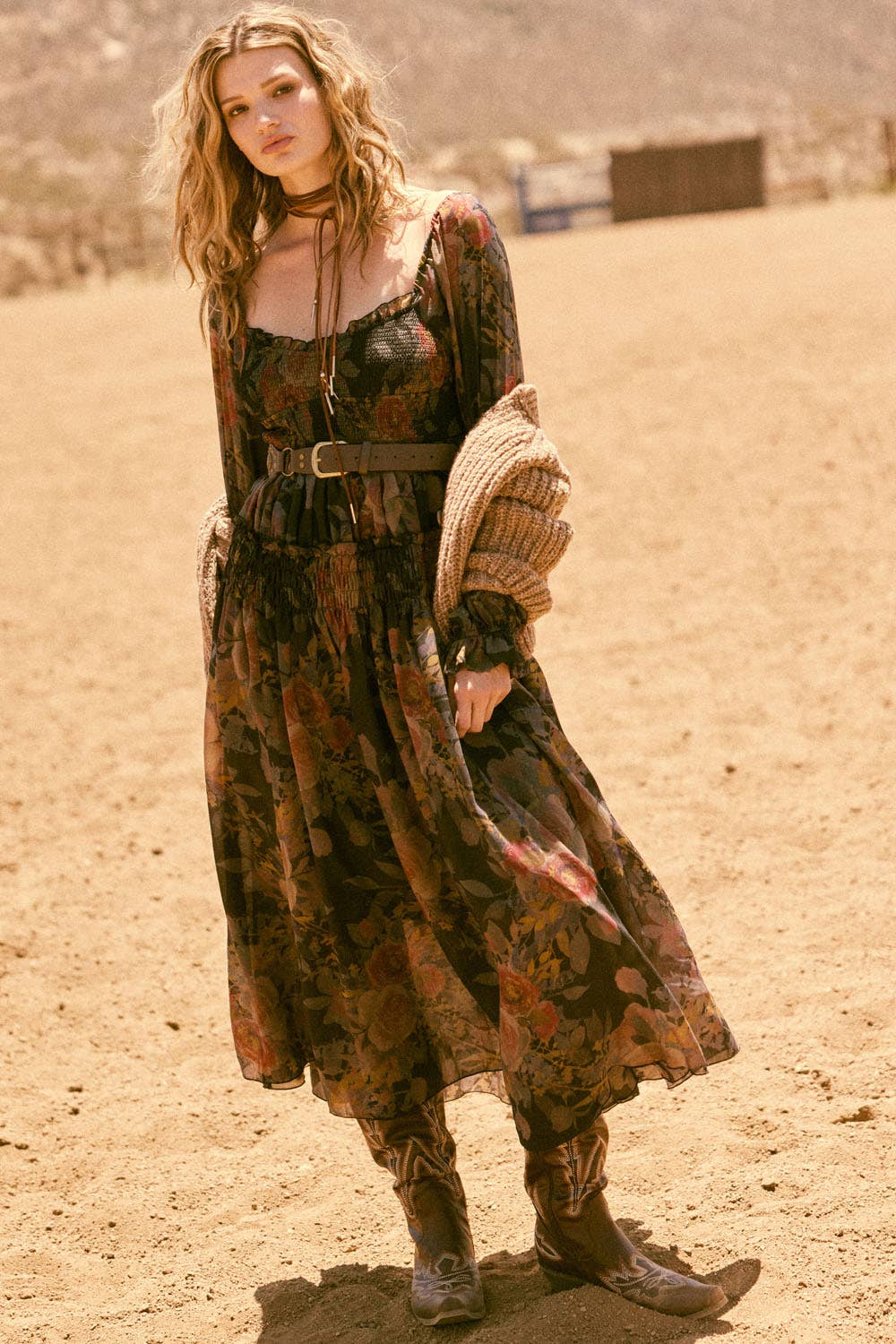 Floral-Print Smocked Bubble Sleeve Maxi Dress