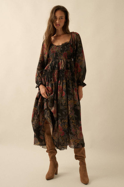 Floral-Print Smocked Bubble Sleeve Maxi Dress