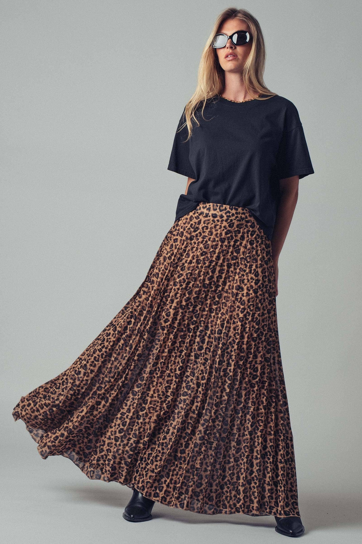 Leopard Print Pleated Flowy A-Line Skirt