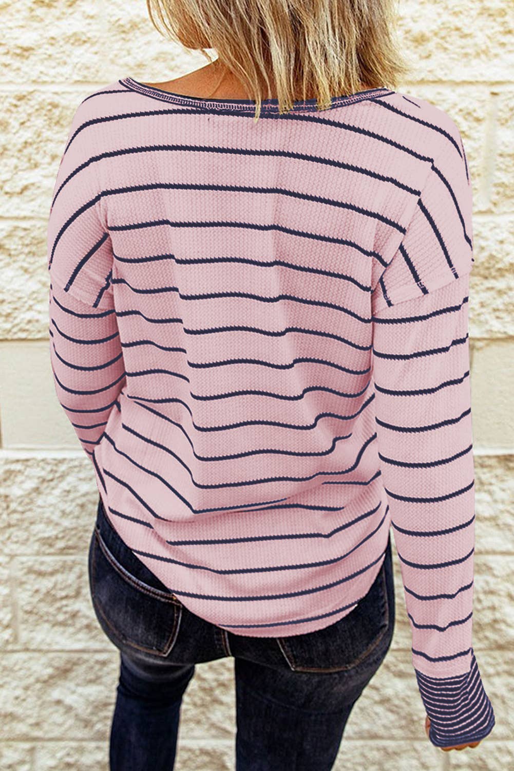 Striped Color Block Buttoned Waffle Knit Shirt