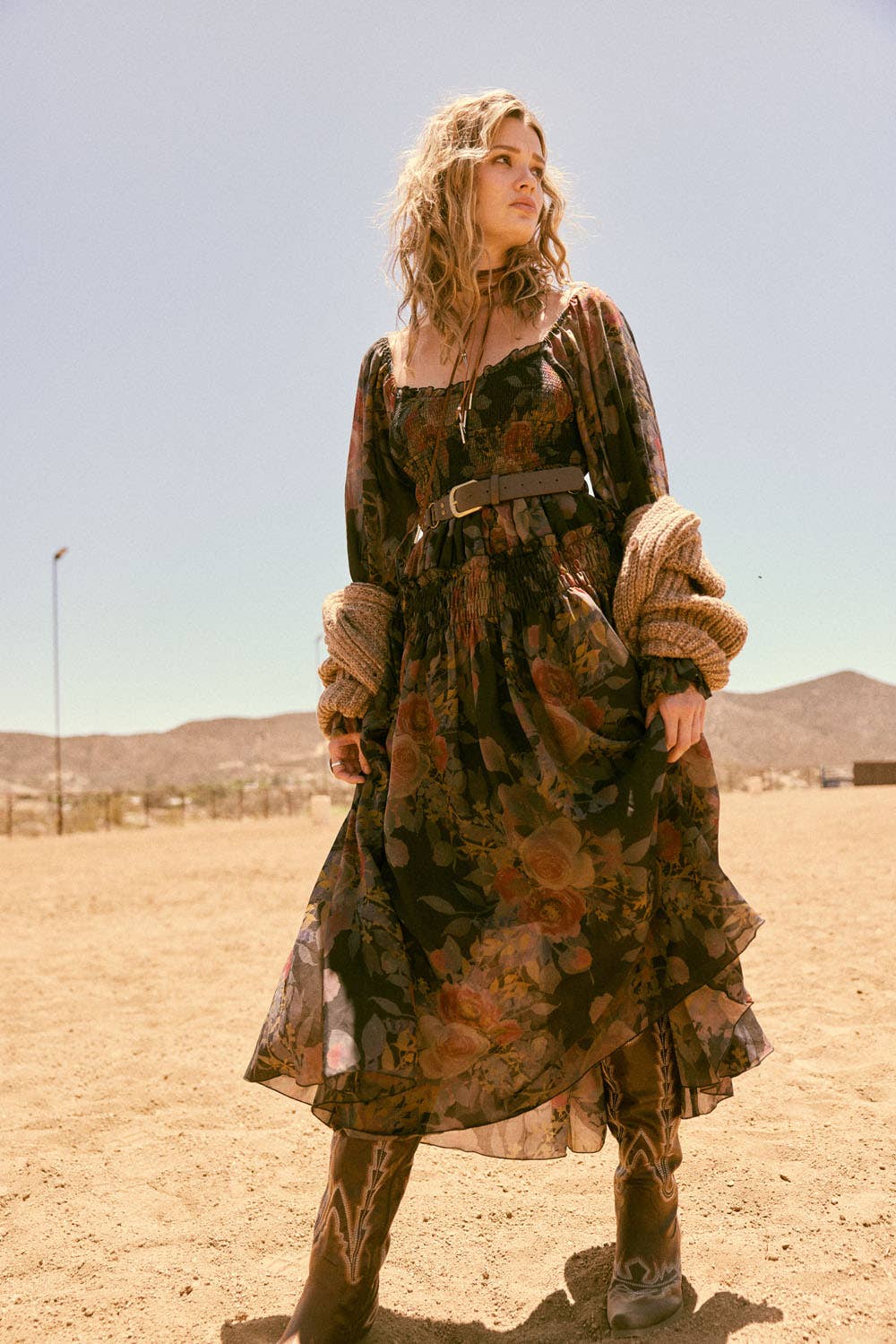 Floral-Print Smocked Bubble Sleeve Maxi Dress