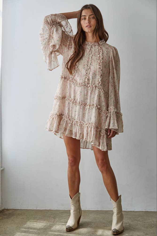 Woven Floral Ruffle Detail Mini Dress