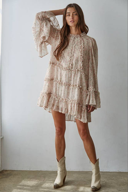 Woven Floral Ruffle Detail Mini Dress