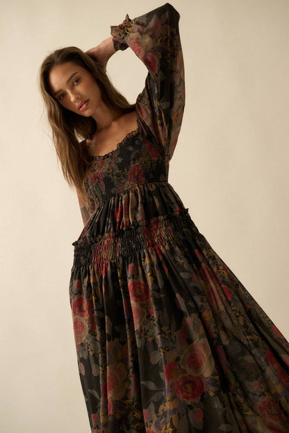 Floral-Print Smocked Bubble Sleeve Maxi Dress