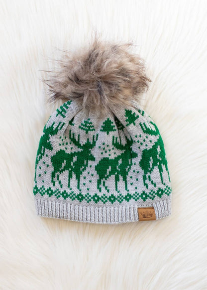 Lt. Gray & Green Reindeer Pom Hat