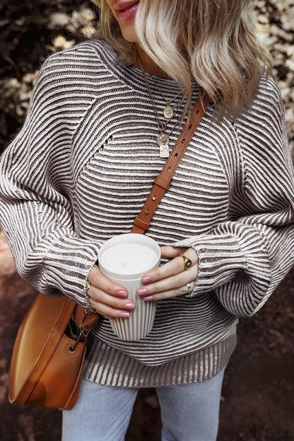 Striped Print Ribbed Knit Boat Neck Baggy Sweater