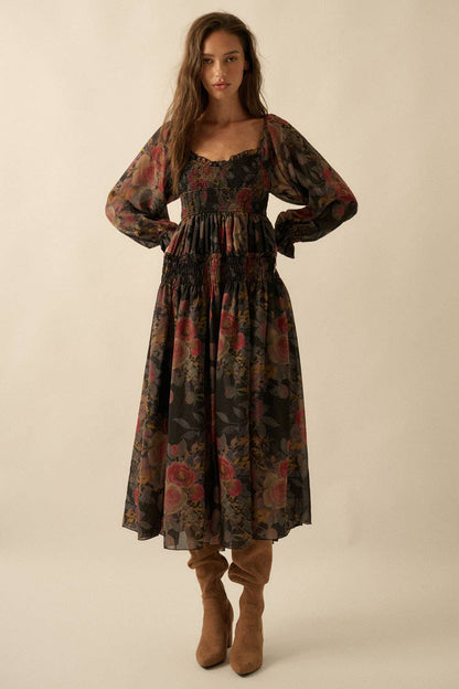 Floral-Print Smocked Bubble Sleeve Maxi Dress