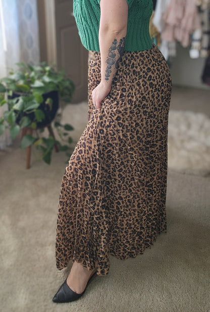 Leopard Print Pleated Flowy A-Line Skirt
