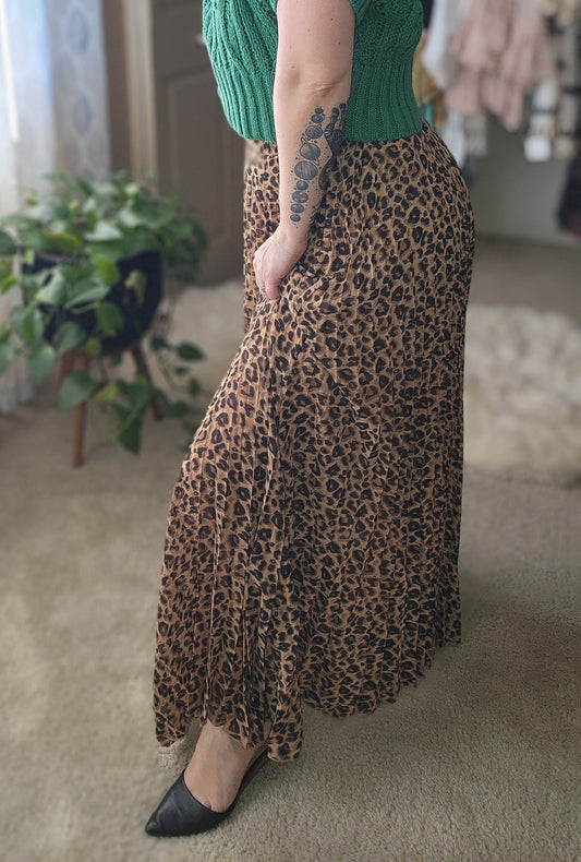 Leopard Print Pleated Flowy A-Line Skirt