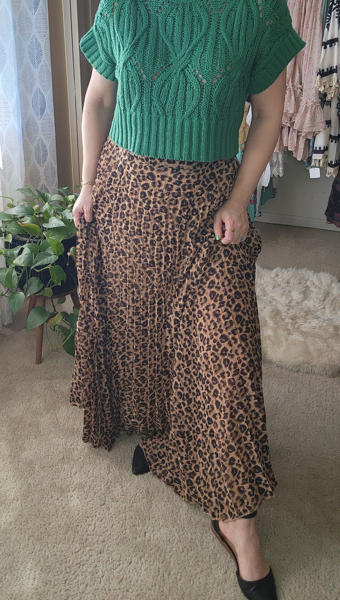 Leopard Print Pleated Flowy A-Line Skirt