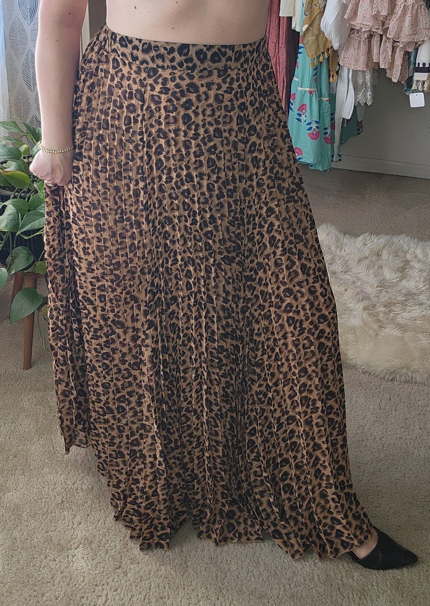 Leopard Print Pleated Flowy A-Line Skirt