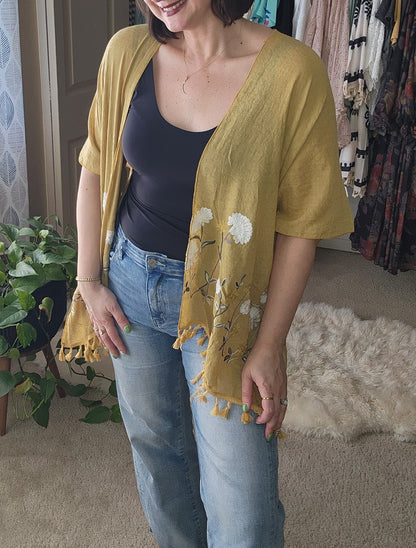 Secret Meadow Embroidered Kimono - Mustard