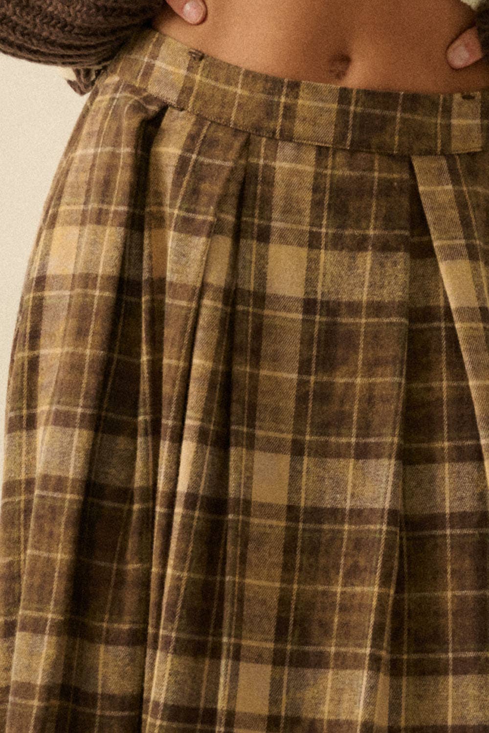 Plaid Flannel Pleated Wrapped Raw-Edge Maxi Skirt