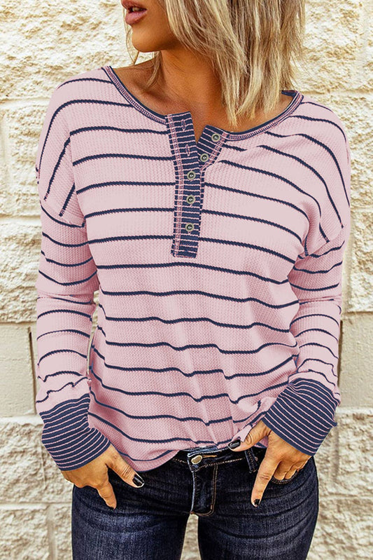Striped Color Block Buttoned Waffle Knit Shirt