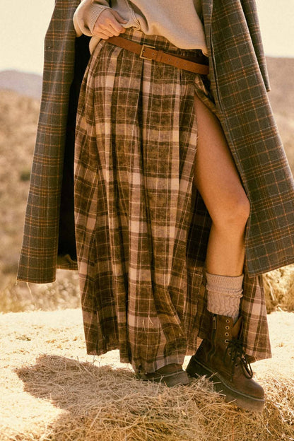 Plaid Flannel Pleated Wrapped Raw-Edge Maxi Skirt