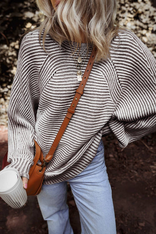 Striped Print Ribbed Knit Boat Neck Baggy Sweater