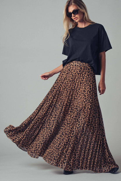 Leopard Print Pleated Flowy A-Line Skirt