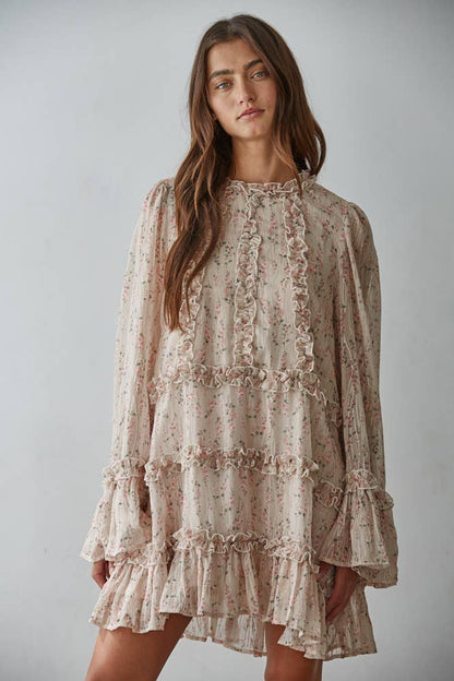 Woven Floral Ruffle Detail Mini Dress