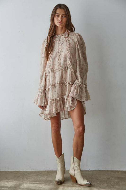 Woven Floral Ruffle Detail Mini Dress