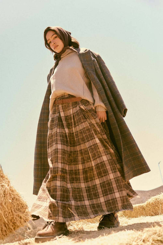 Plaid Flannel Pleated Wrapped Raw-Edge Maxi Skirt