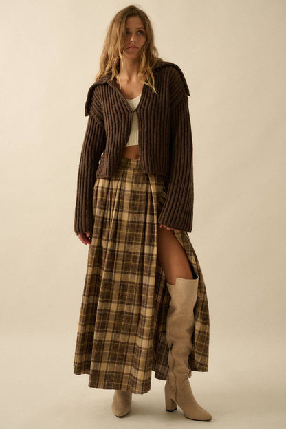 Plaid Flannel Pleated Wrapped Raw-Edge Maxi Skirt
