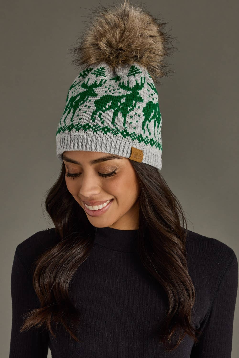 Lt. Gray & Green Reindeer Pom Hat