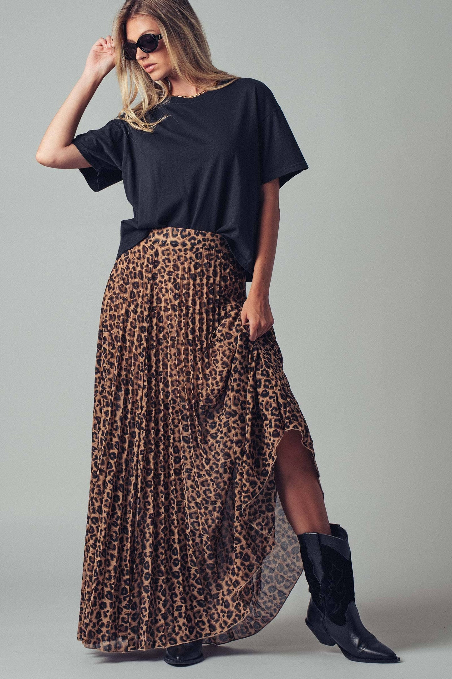 Leopard Print Pleated Flowy A-Line Skirt