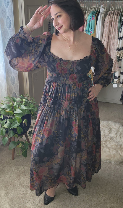 Floral-Print Smocked Bubble Sleeve Maxi Dress