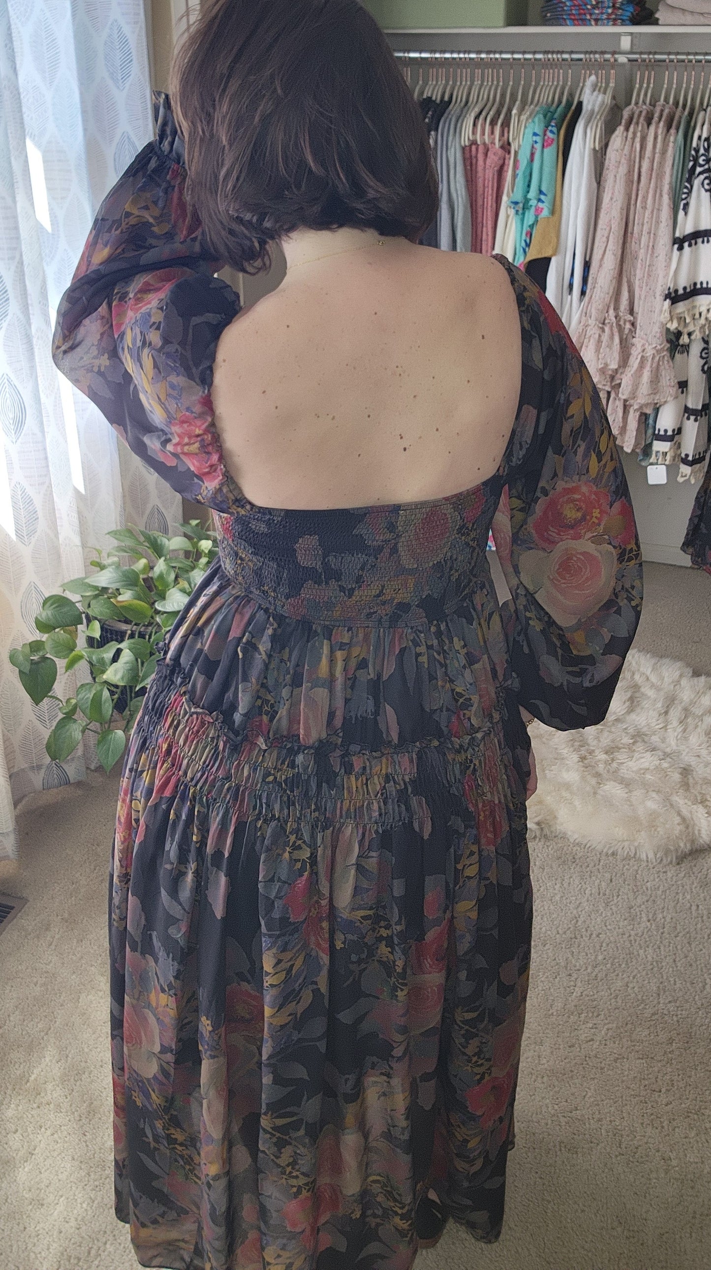 Floral-Print Smocked Bubble Sleeve Maxi Dress