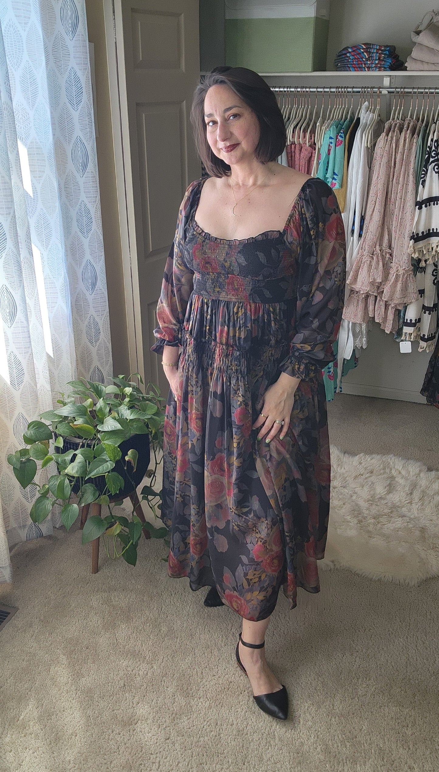 Floral-Print Smocked Bubble Sleeve Maxi Dress